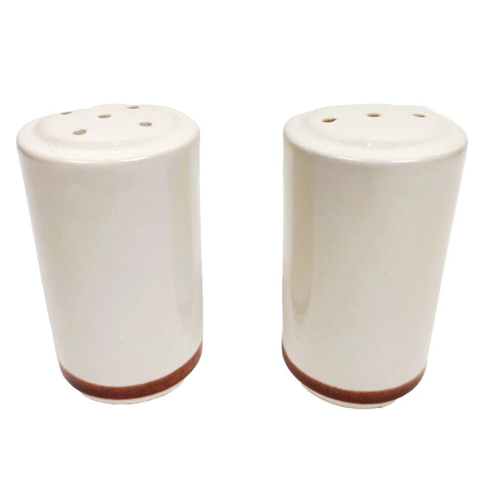 Vintage Salt and Pepper Shakers Japan Tan Brown Stripe Stoneware 3.5" Retro MCM